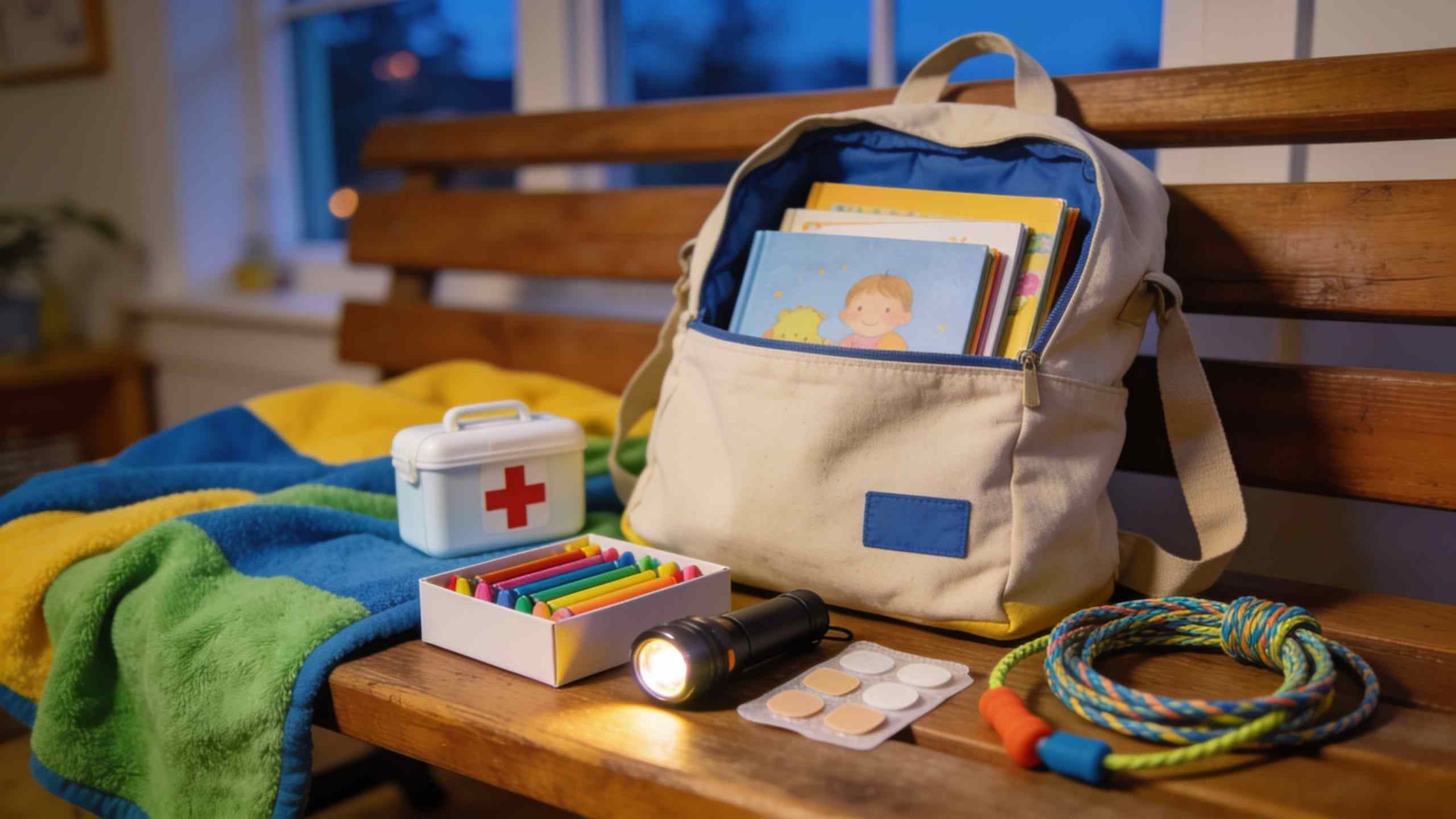 A babysitter’s canvas bag unpacked on a wooden bench: picture books, a first aid kit, a box of crayons, a torch and a skipping rope
