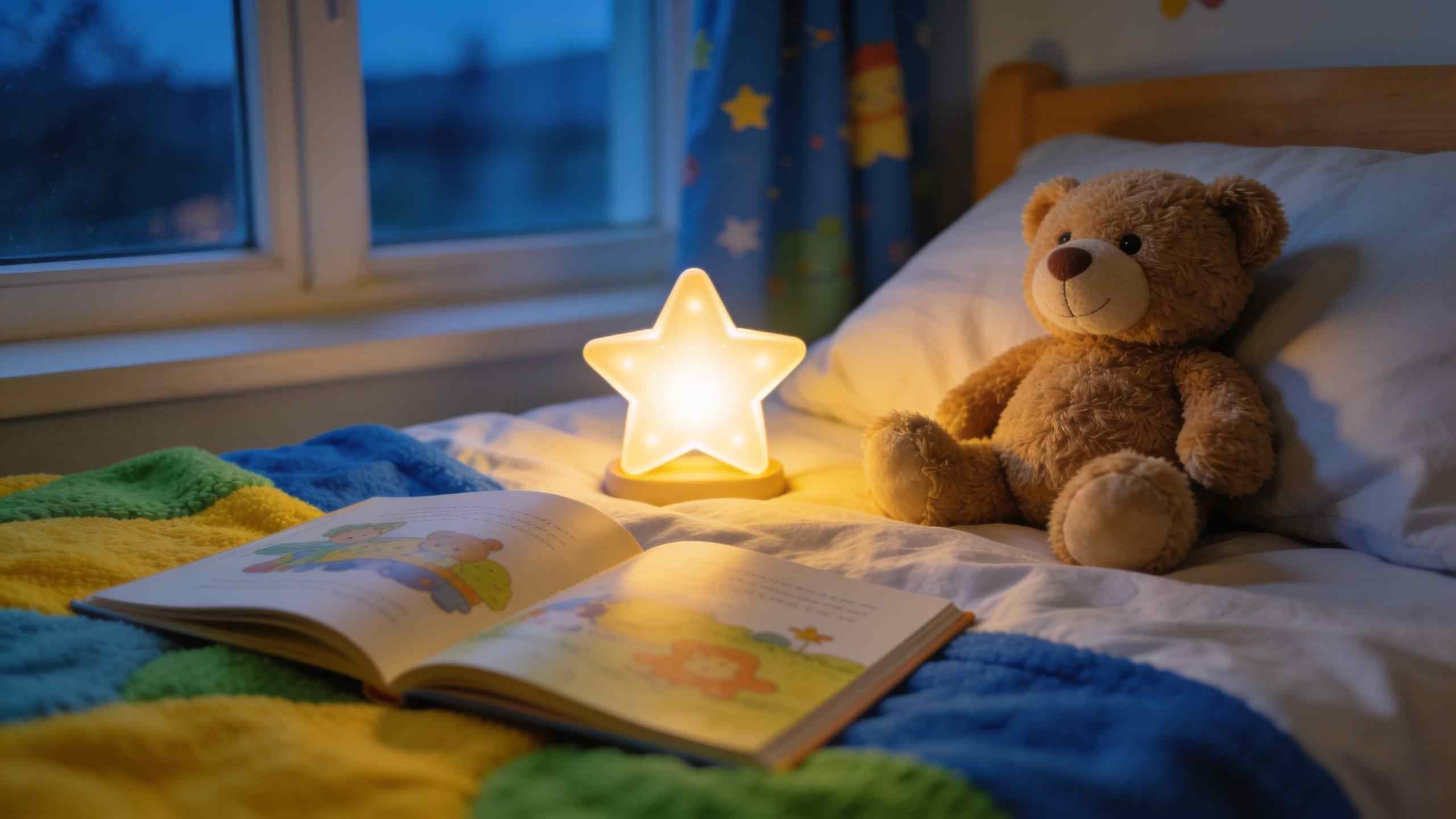 A child’s bed at night lit by a star-shaped night light, an open picture book on the patchwork duvet and a teddy on the pillow