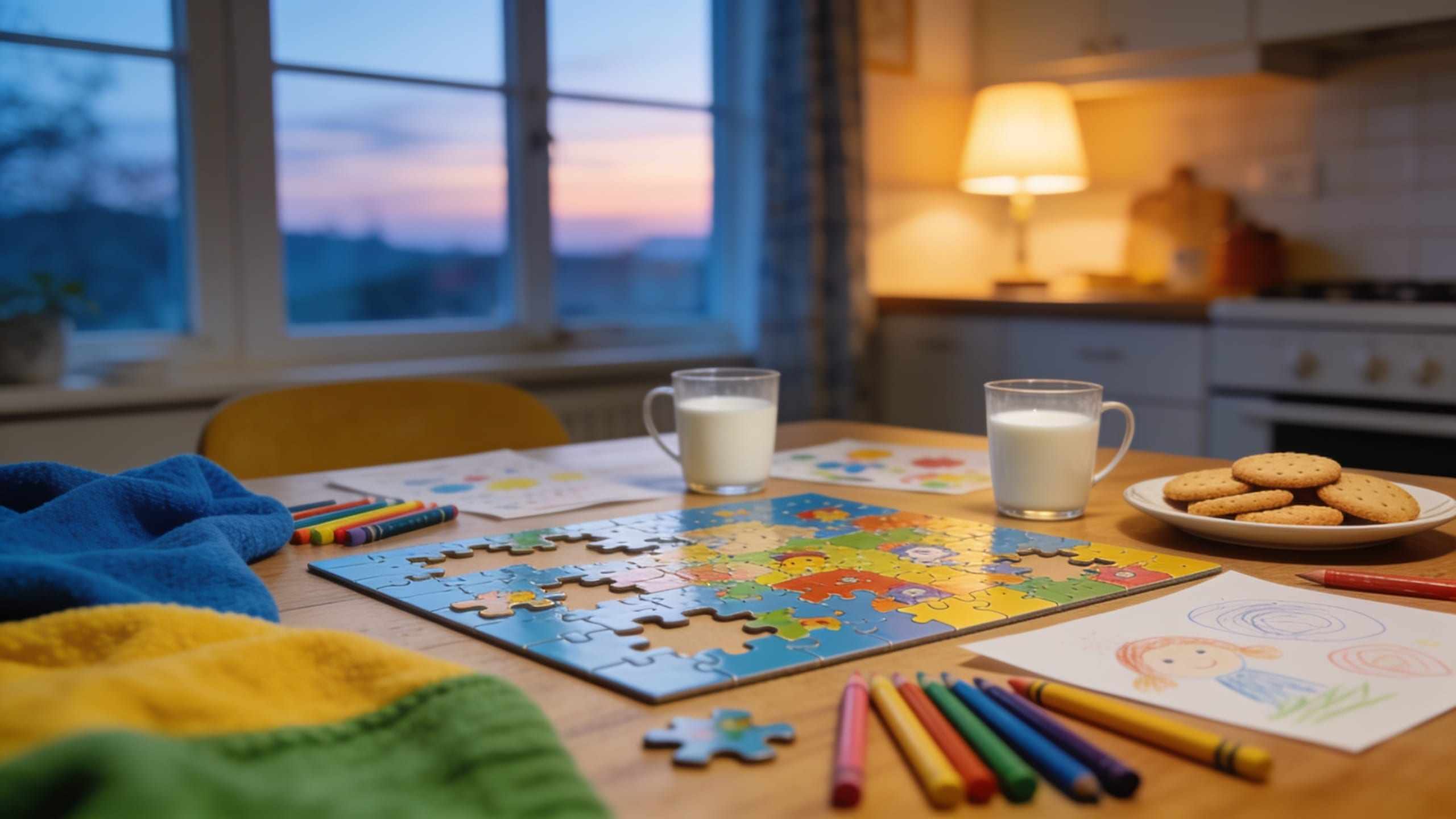 A kitchen table in the late afternoon with a half-finished jigsaw puzzle, crayons and children’s drawings, two cups of milk and a plate of biscuits