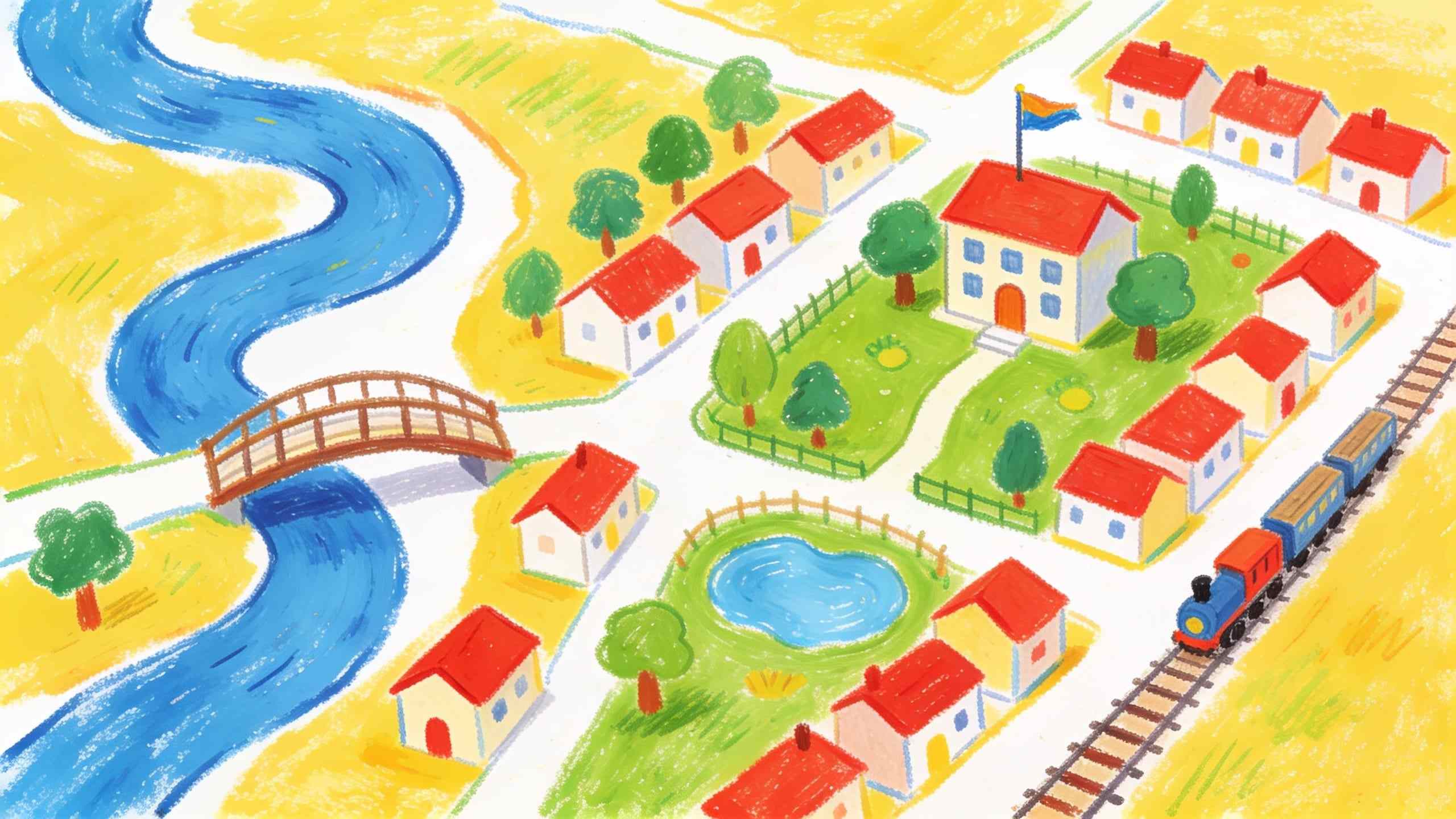 A child’s crayon map of a small town: a curly river with a bridge, a park with a pond, a school with a flag, little red-roofed houses and a railway