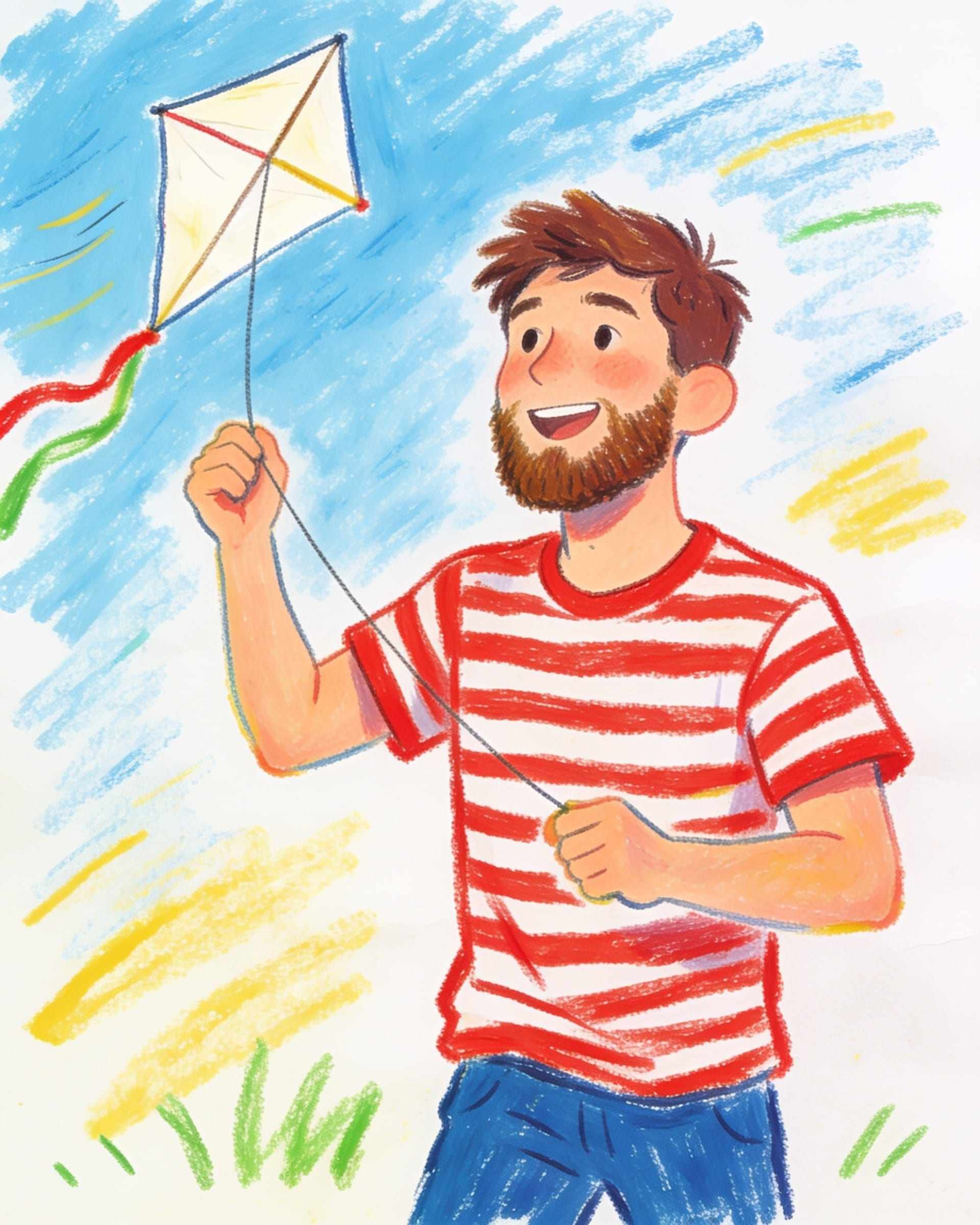 A child’s crayon portrait of a young man with a short brown beard and a red and white striped T-shirt, flying a paper kite
