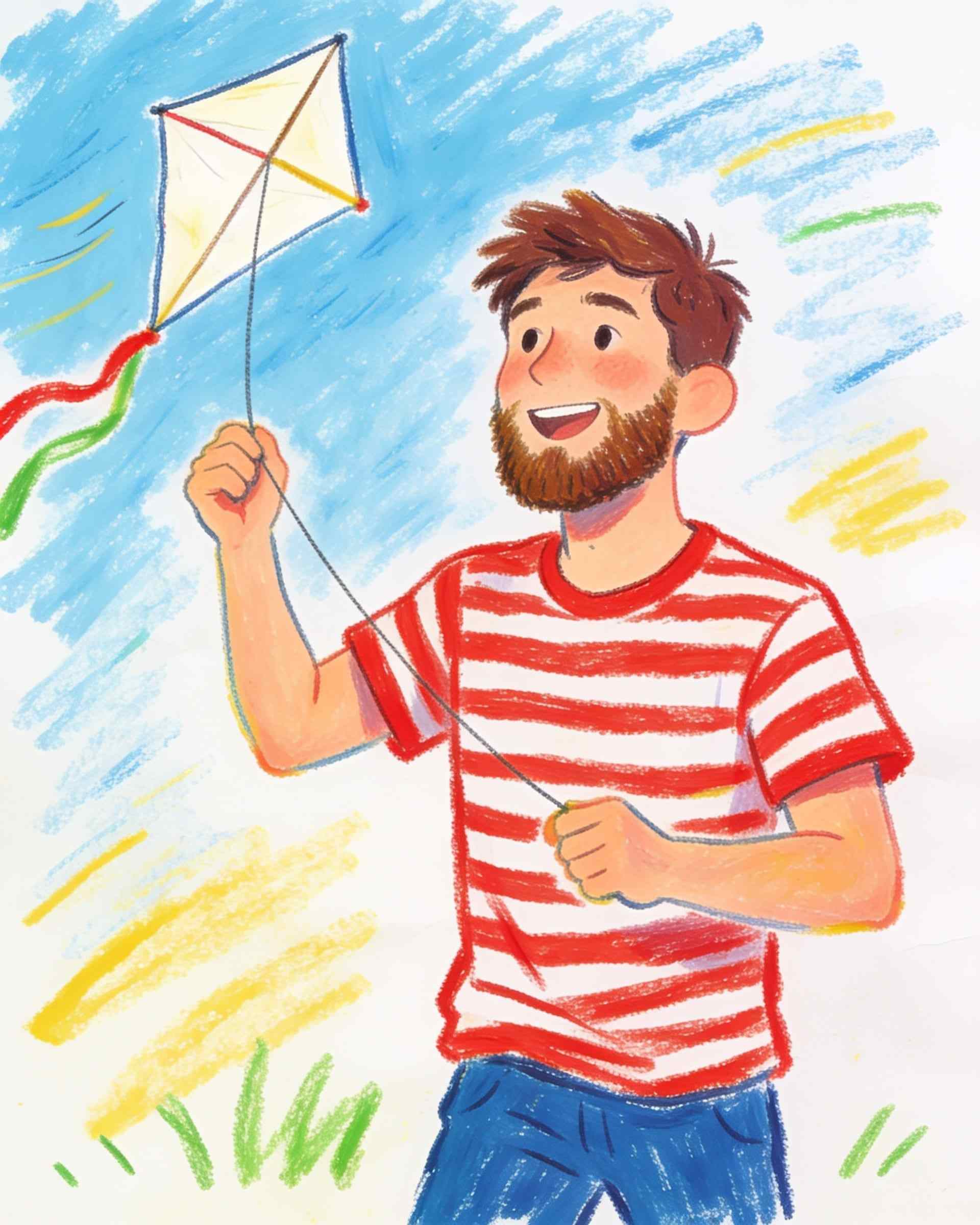 A child’s crayon portrait of a young man with a short brown beard and a red and white striped T-shirt, flying a paper kite