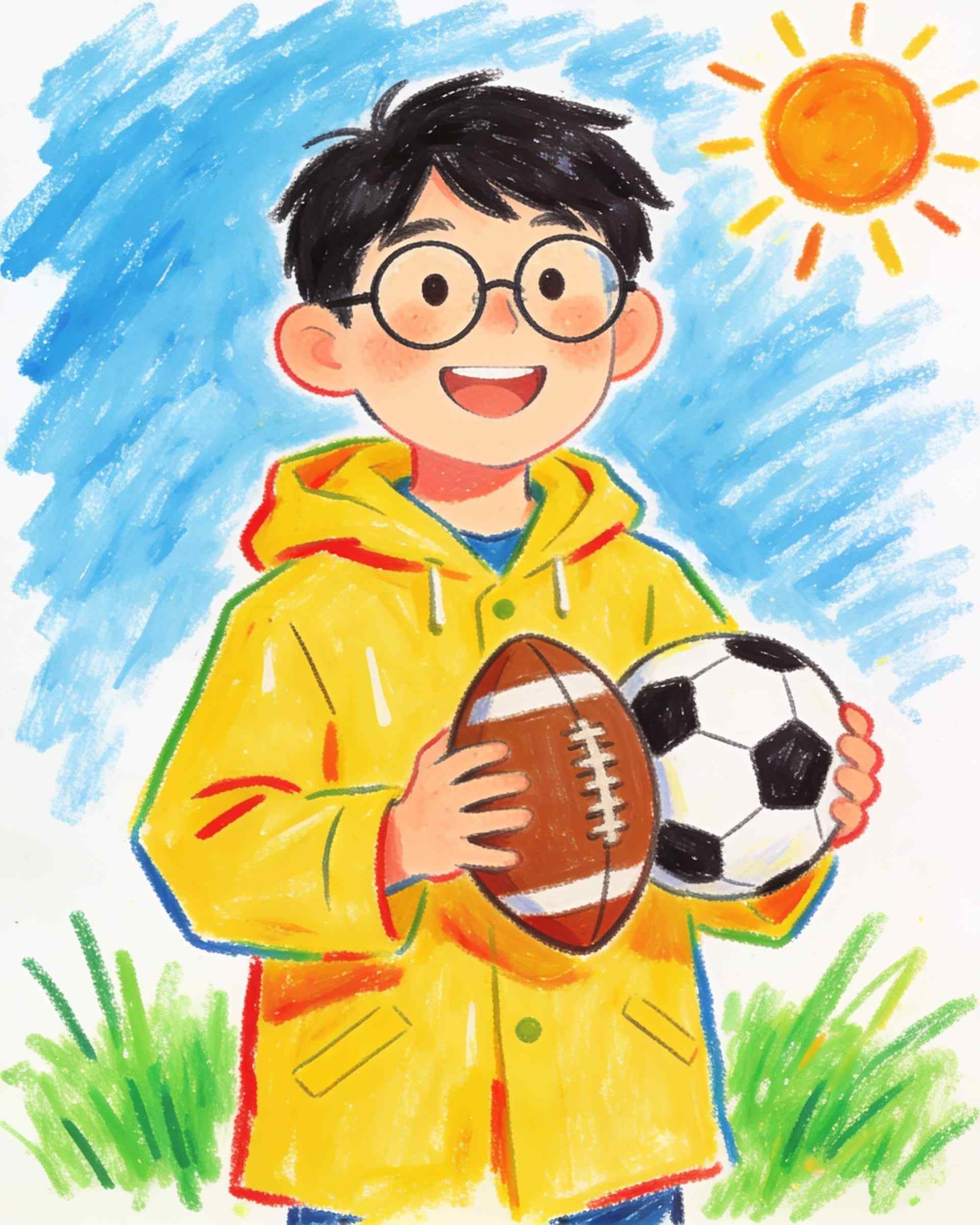 A child’s crayon portrait of a young man with round glasses, black hair and a yellow raincoat, holding a rugby ball and a football, the sun in the corner