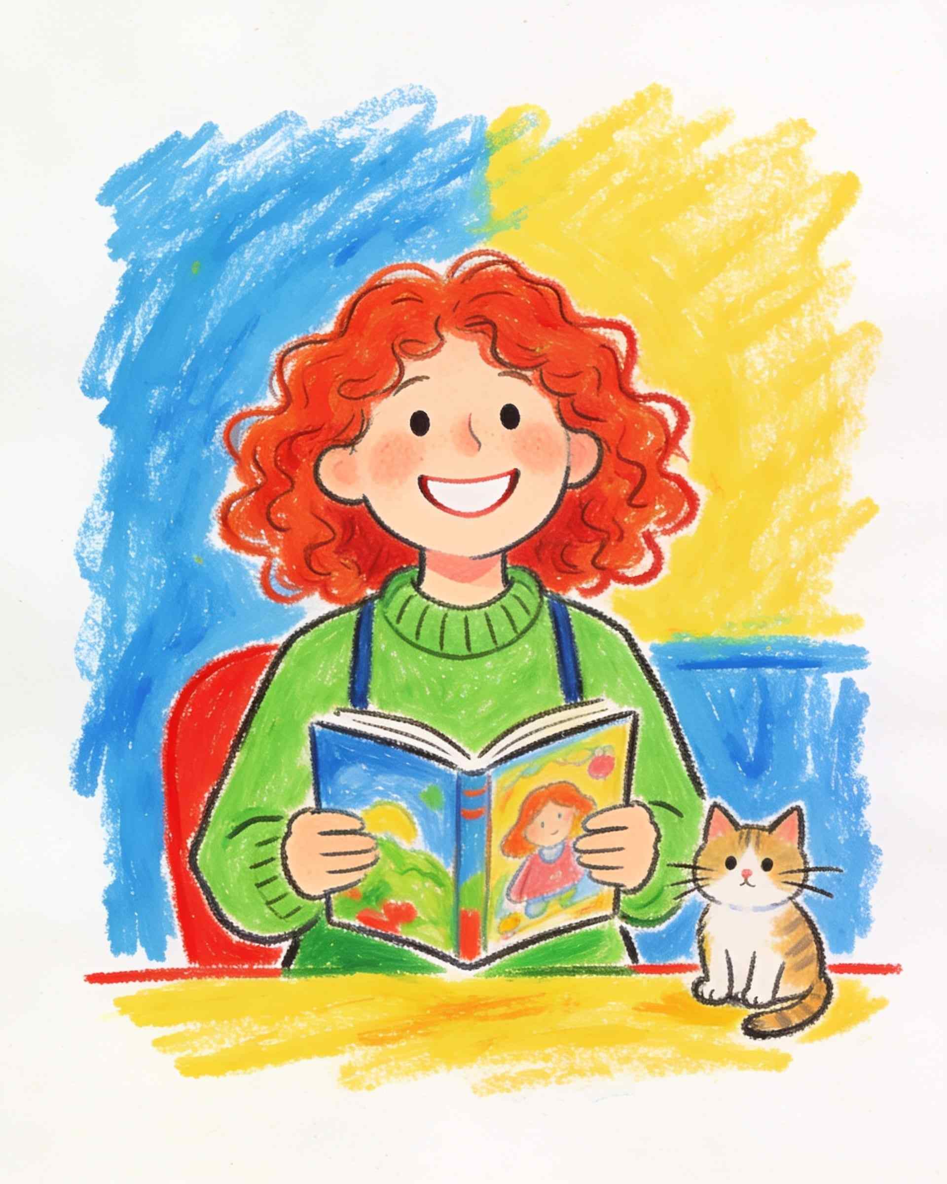 A child’s crayon portrait of a young woman with curly red hair and a green jumper, smiling and holding a picture book, a little cat beside her