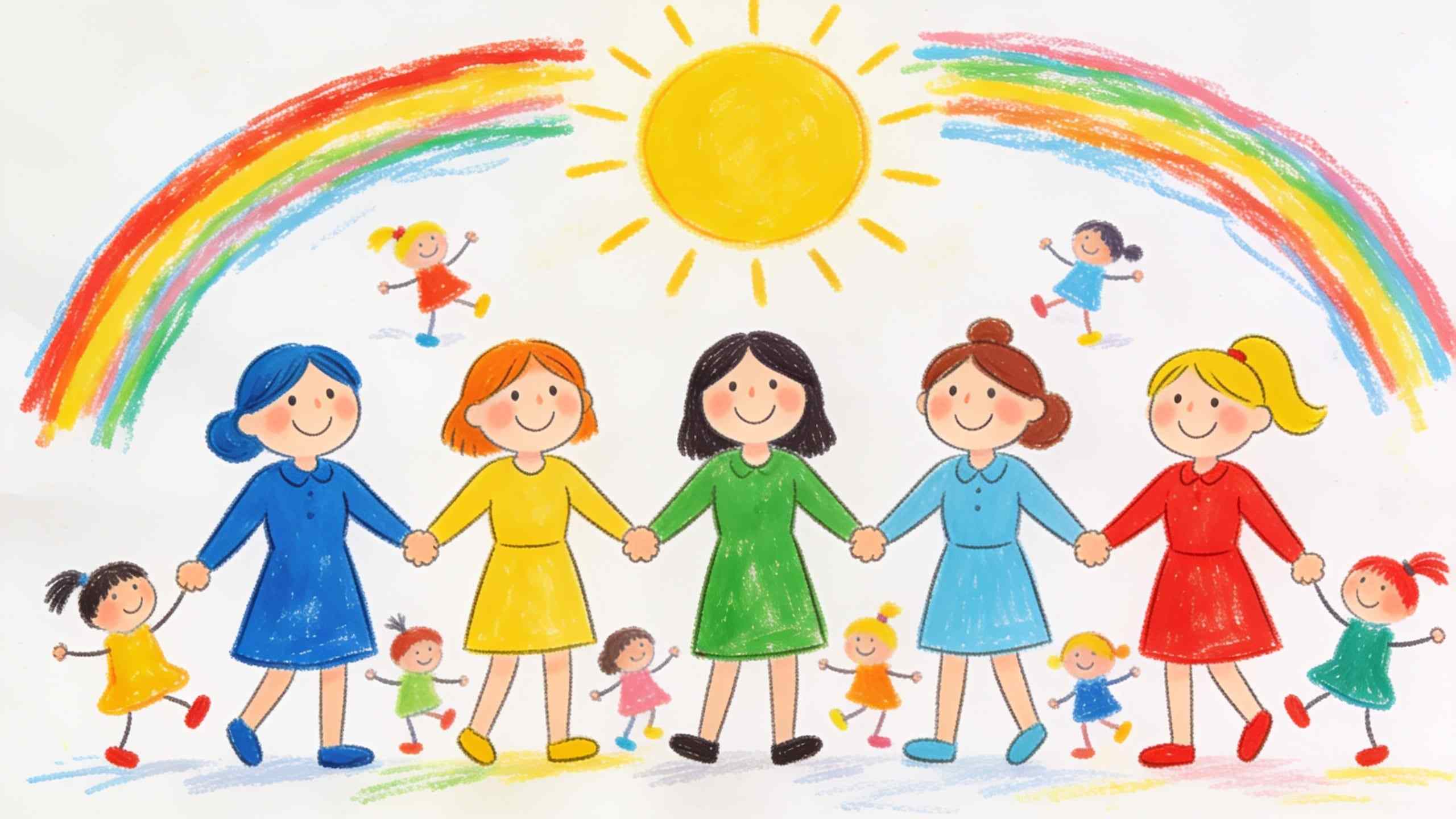 A child’s crayon drawing: five smiling grown-ups holding hands under a big sun and a rainbow, small children dancing around them