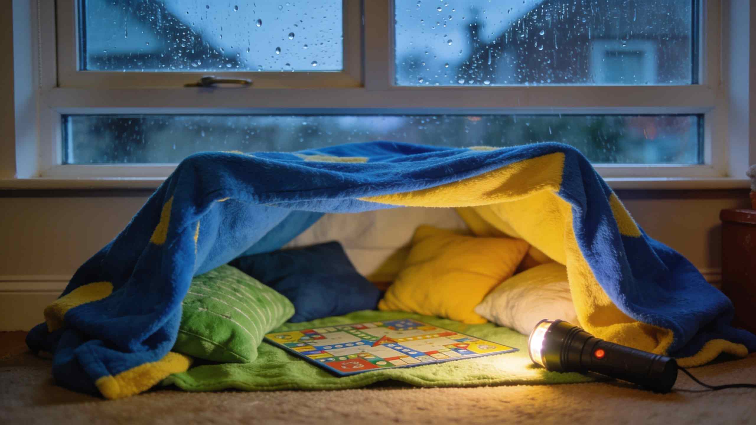 A blanket den under a rainy window with cushions inside, a board game and a torch on the floor
