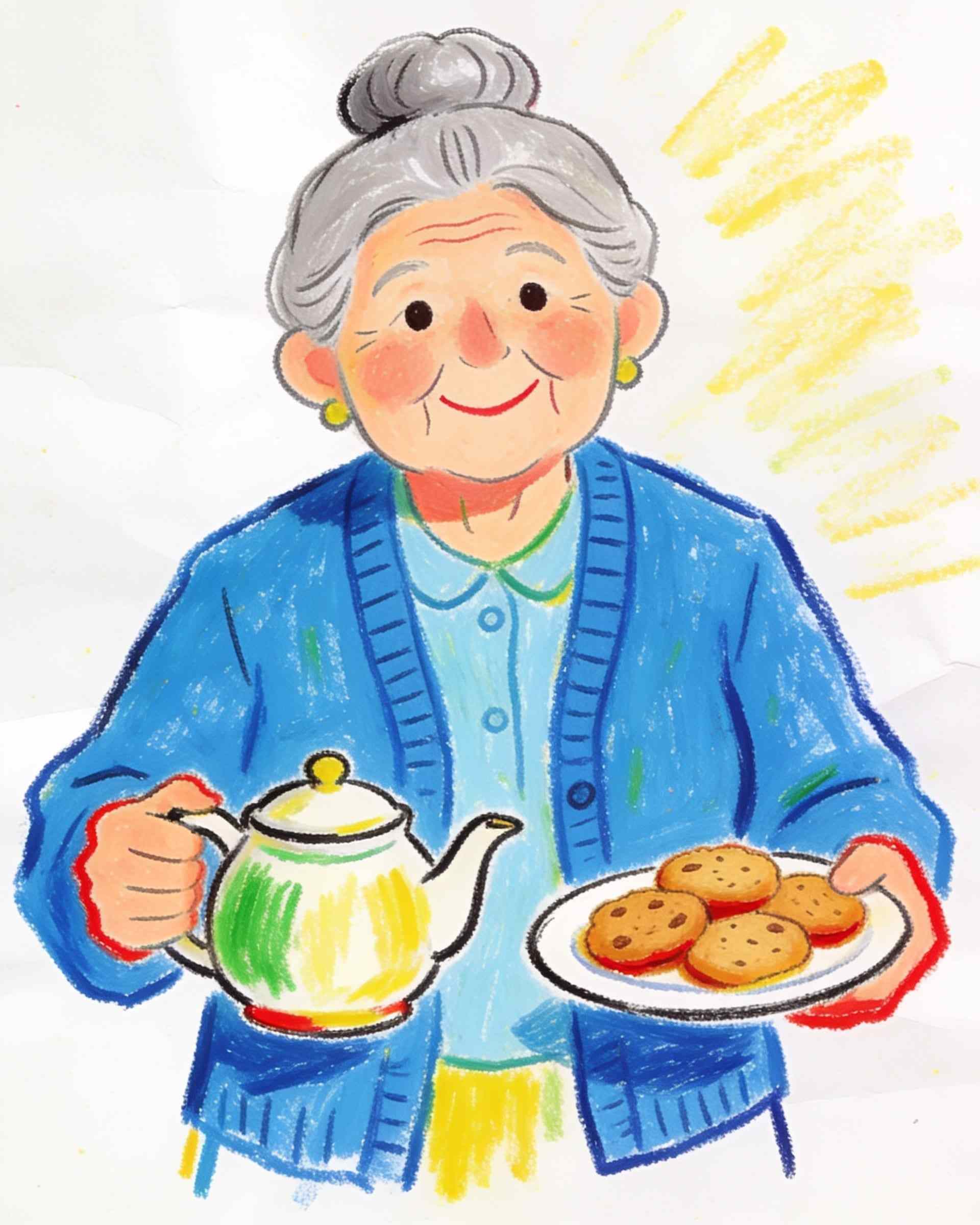 A child’s crayon portrait of a kind older woman with a grey bun and a blue cardigan, holding a teapot and a plate of cookies