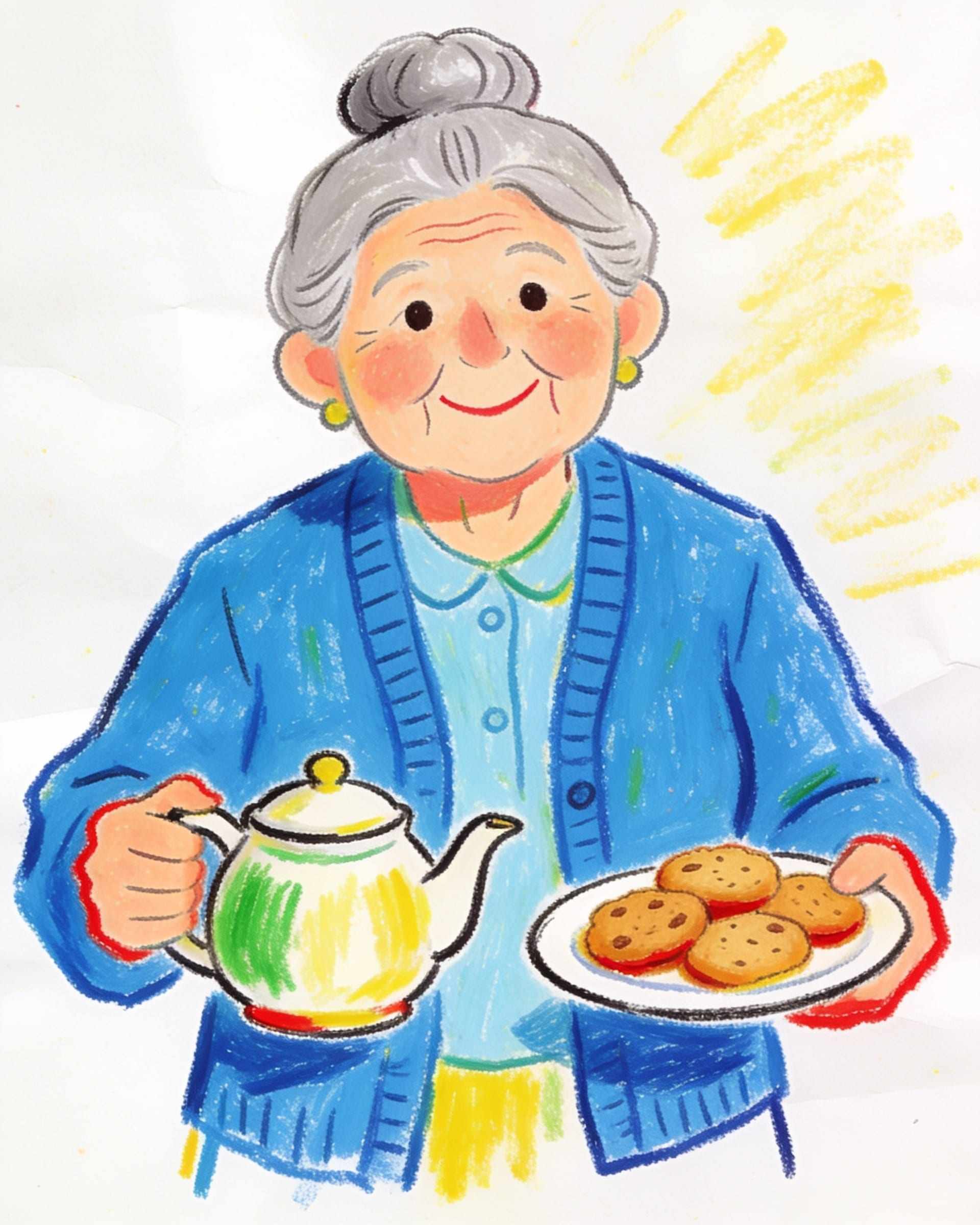 A child’s crayon portrait of a kind older woman with a grey bun and a blue cardigan, holding a teapot and a plate of cookies