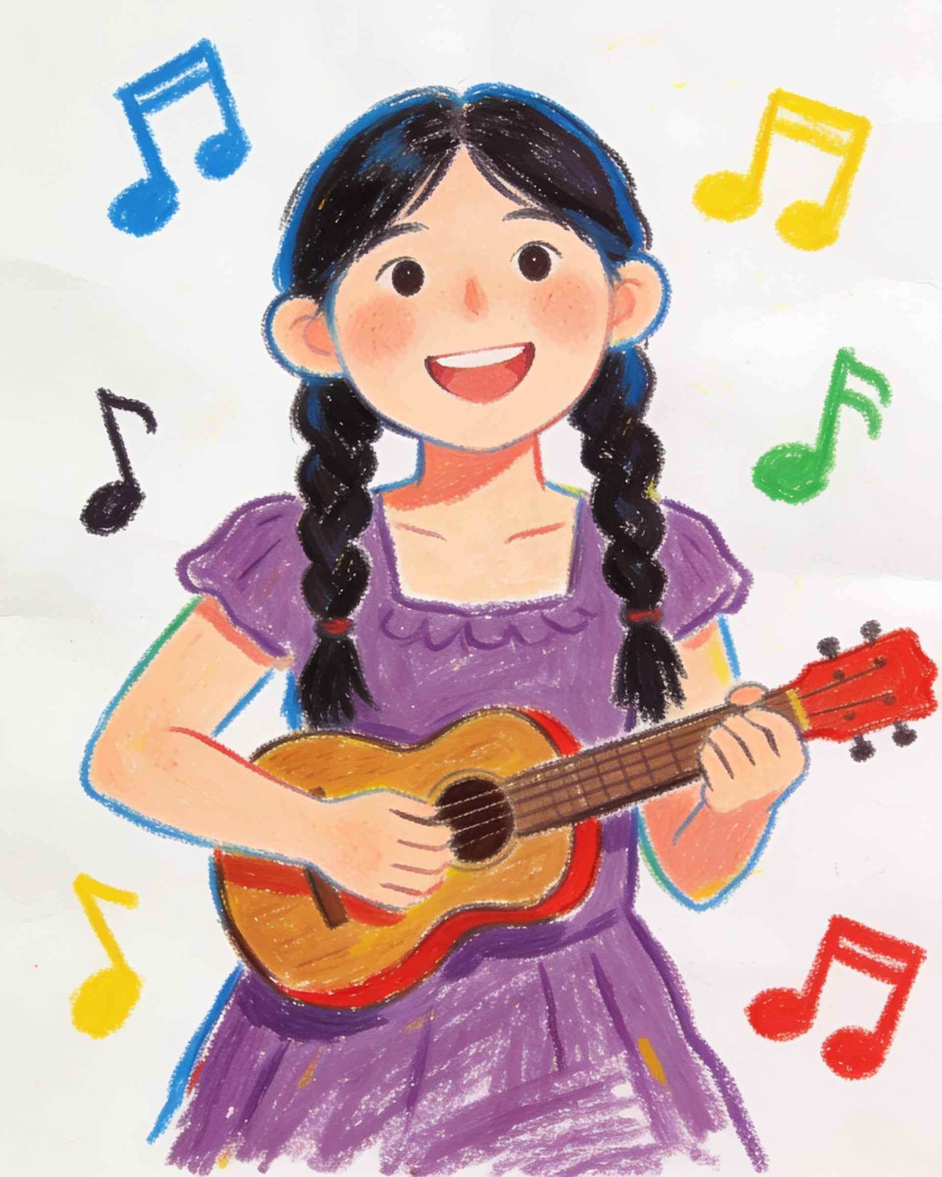 A child’s crayon portrait of a young woman with long dark braids and a purple dress, playing a small guitar, music notes around her