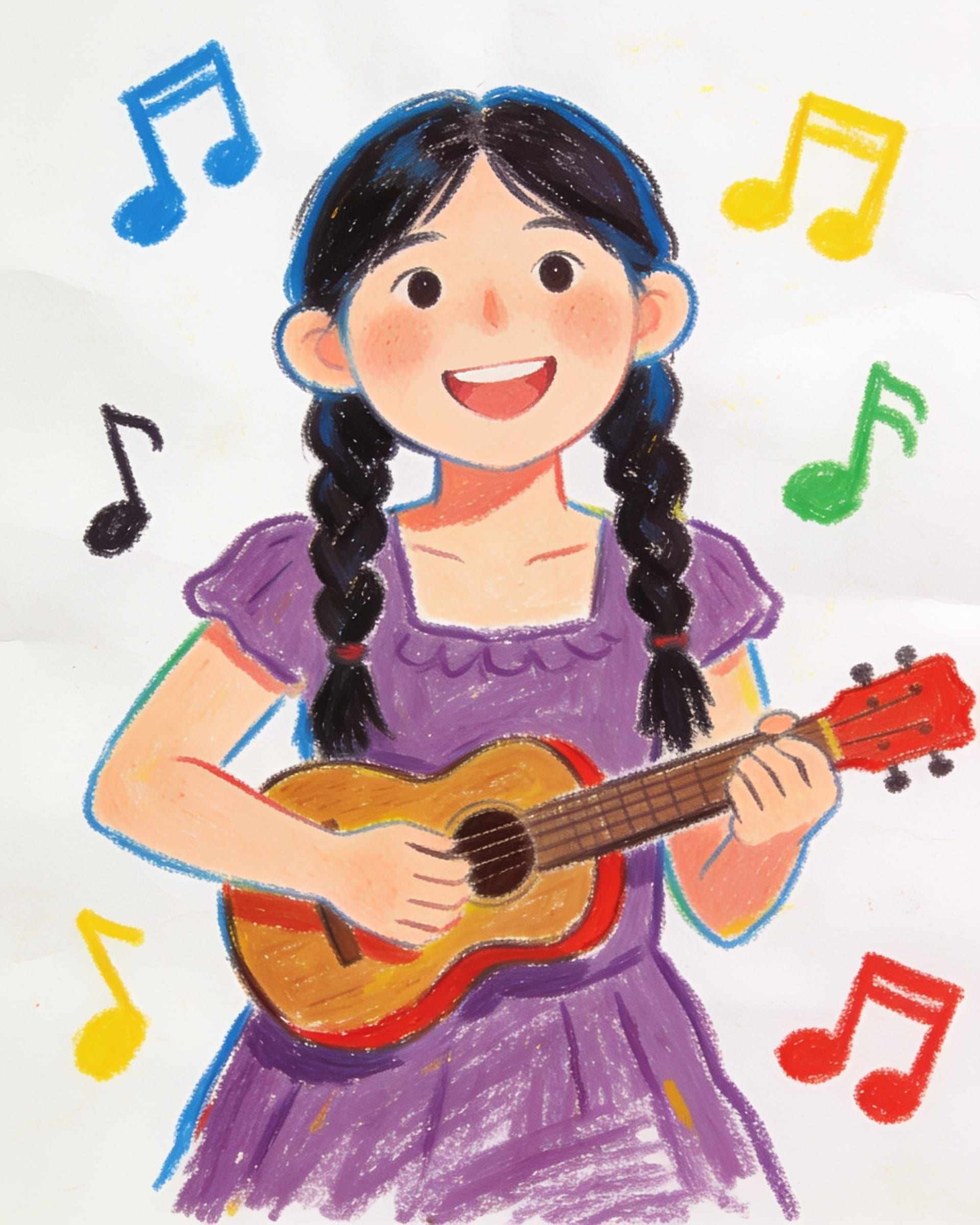 A child’s crayon portrait of a young woman with long dark braids and a purple dress, playing a small guitar, music notes around her
